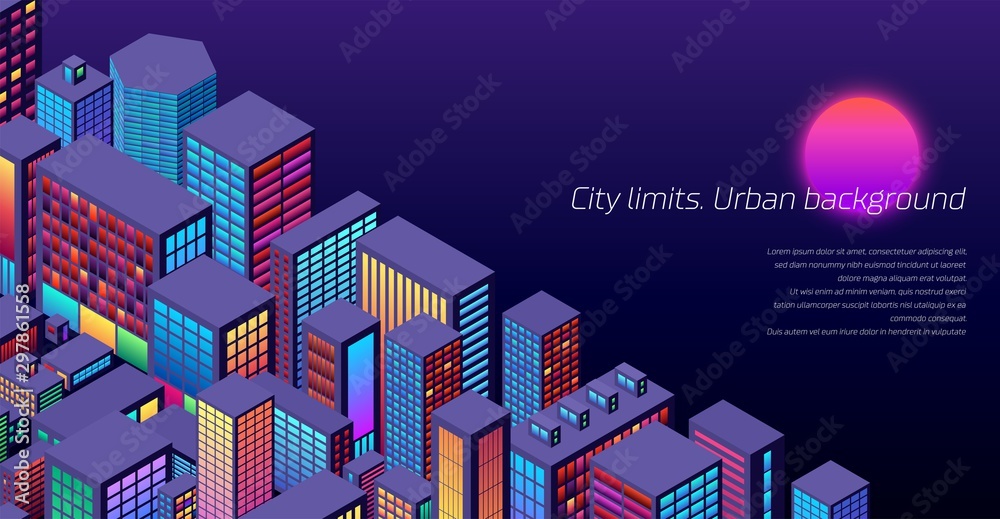 Background with city view with the sun and isometric perspective with vibrant neon colors