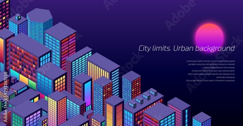 Background with city view with the sun and isometric perspective with vibrant neon colors