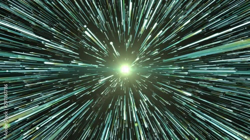 Enter the Hyperspace. Travel in space with the speed of light, green and yellow color tones. Motion graphics 3840x2160 resolution.