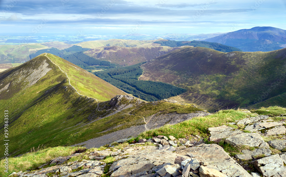 The rocky ridge leading to Ladyside Pike below the summit of Hopegill Head in the Lake District, England, UK.