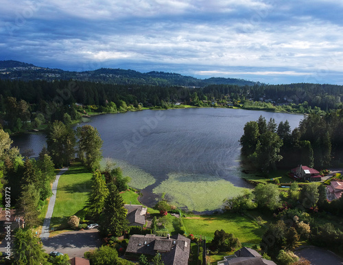 Picturesque Phantom Lake and the surrounding sprawling communities of Robinswood, Lake Hill and West Lake Sammamish in Bellevue, Washington.