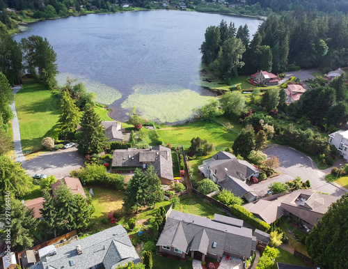 Picturesque Phantom Lake and the surrounding sprawling communities of Robinswood, Lake Hill and West Lake Sammamish in Bellevue, Washington.