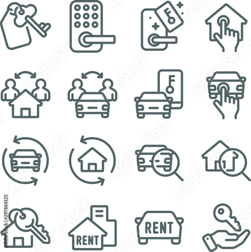 Rental Real Estate Auto mobil icons set vector illustration. Contains such icon as Car rental, Key card and more. Expanded Stroke