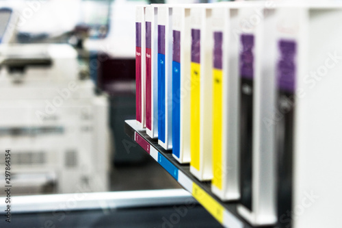 Close detail of ink cartridges in plotter for printing