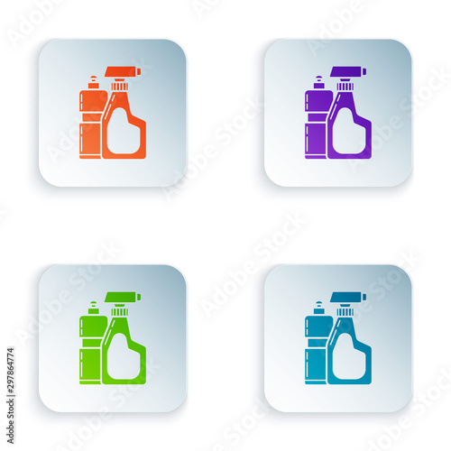 Color Plastic bottles for liquid laundry detergent, bleach, dishwashing liquid or another cleaning agent icon isolated on white background. Set icons in colorful square buttons. Vector Illustration
