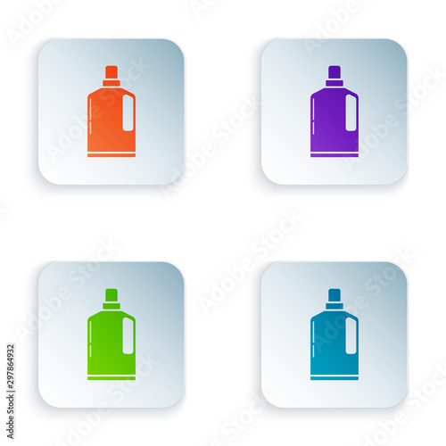 Color Plastic bottle for liquid laundry detergent, bleach, dishwashing liquid or another cleaning agent icon isolated on white background. Set icons in colorful square buttons. Vector Illustration