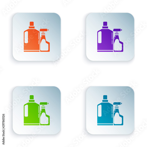 Color Plastic bottles for liquid laundry detergent, bleach, dishwashing liquid or another cleaning agent icon isolated on white background. Set icons in colorful square buttons. Vector Illustration