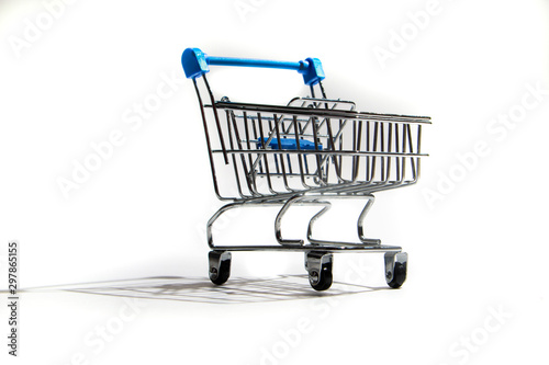 Empty shopping trolley isolated on white, closeup