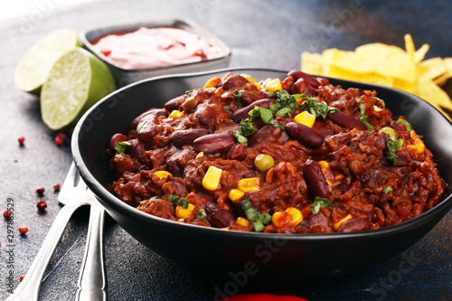 Hot chili con carne. mexican food tasty and spicy with red beans