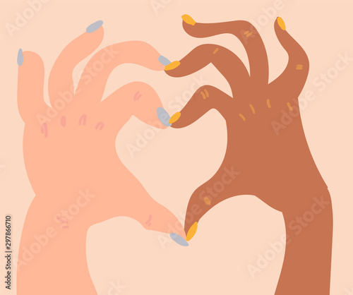 Illustration of a people's two hands with different skin color together making heart shape. Race equality, feminism, tolerance art in minimal style.