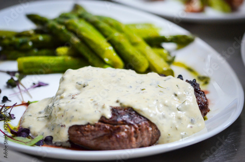 grilled beef with gorgonzola sauce & fresh asparagus