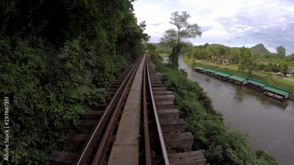 pov shot of the Burma Railway, also known as the Death Railway, a 415-kilometre railway between Thailand & Burma, built by the Empire of Japan in 1943 during World War II pov shot of the Burma Railway, also known as the Death Railway, a 415-kilometre railway between Thailand & Burma, built by the Empire of Japan in 1943 during World War II