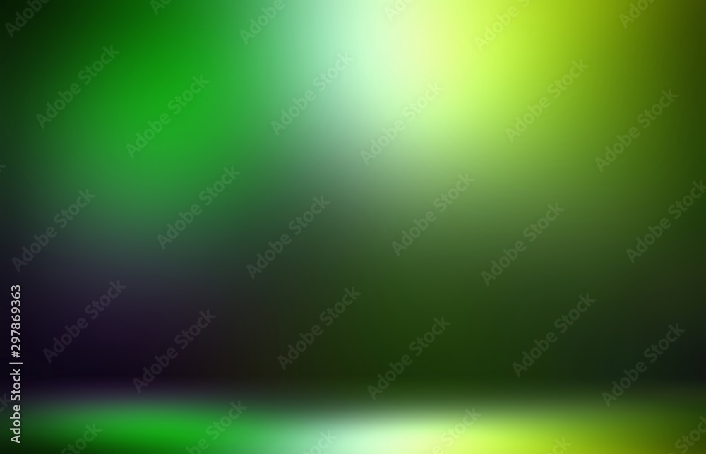 St Patricks Day studio abstract decor. Magical light in dark green space. Interior 3d background.