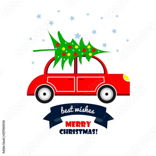Christmas tree on a red car. Merry Christmas greeting  card