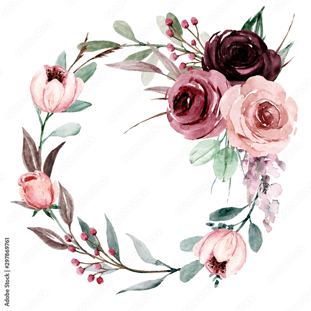 Wreath, floral frame, watercolor flowers pink and purple roses ...