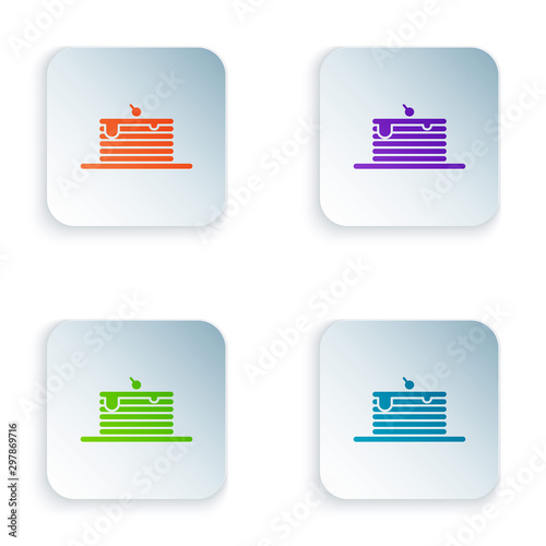 Color Stack of pancakes icon isolated on white background. Baking with syrup and cherry. Breakfast concept. Set icons in colorful square buttons. Vector Illustration