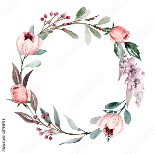 Wreath, floral frame, watercolor flowers pink and purple roses, Illustration hand painted. Isolated on white background. Perfectly for greeting card design.  photo