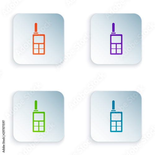 Color Walkie talkie icon isolated on white background. Portable radio transmitter icon. Radio transceiver sign. Set icons in colorful square buttons. Vector Illustration