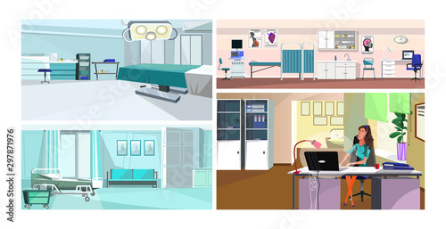 Modern hospital interior vector illustration set