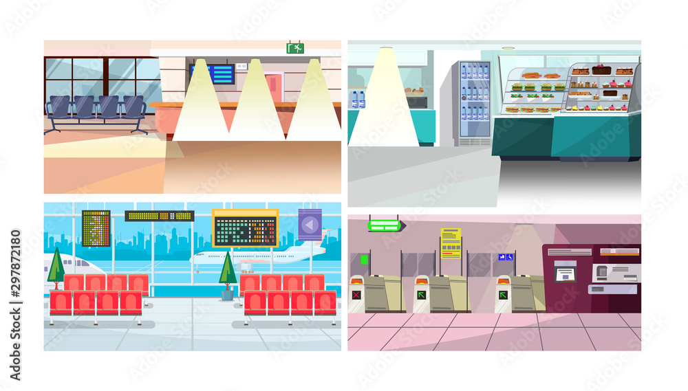 Modern airport interior vector illustration set.