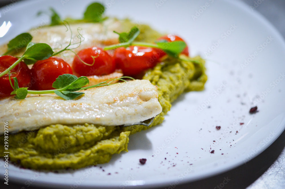 grilled fish with green peas puree