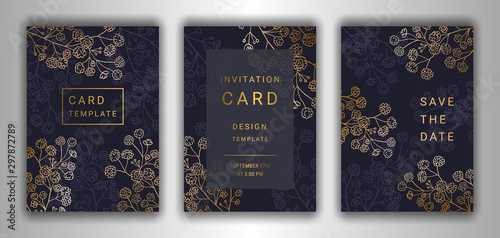 Wedding invitation card template EPS 10 vector set. Elegant gold colored branches, gypsophila flowers on the dark background. Save the date phrase.