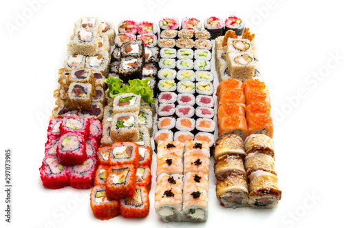 Big sushi and rolls set on white background