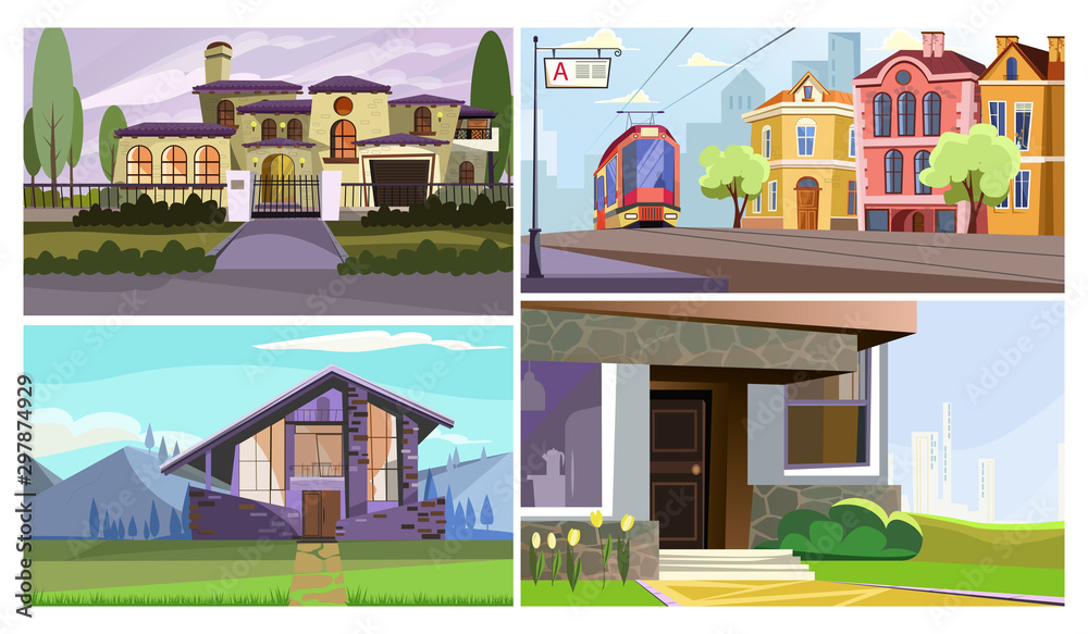 Traditional and modern buildings vector illustration set