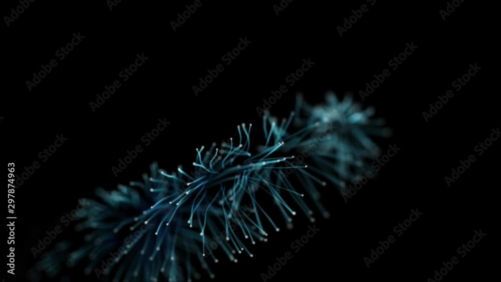 Particles form line, surface grid or mysterious virtual space. blue violet loopable abstract particle background with depth of field, glow sparkles of lights and digital elements.