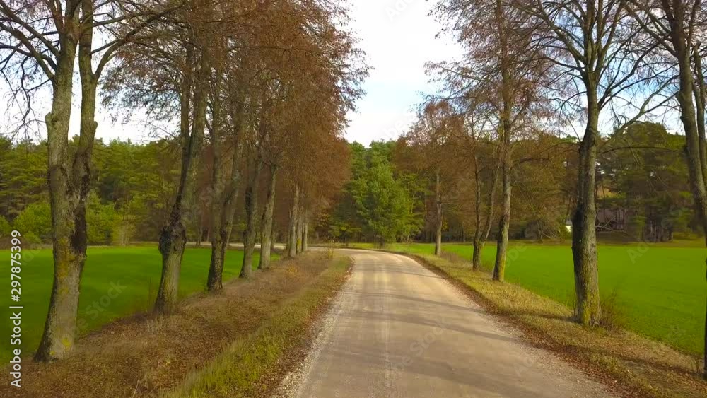 Aerial Shot of the road with trees on the sides. Off road. Green forest in Autumn. Aerial Shot of the road with trees on the sides. Off road. Green forest in Autumn.