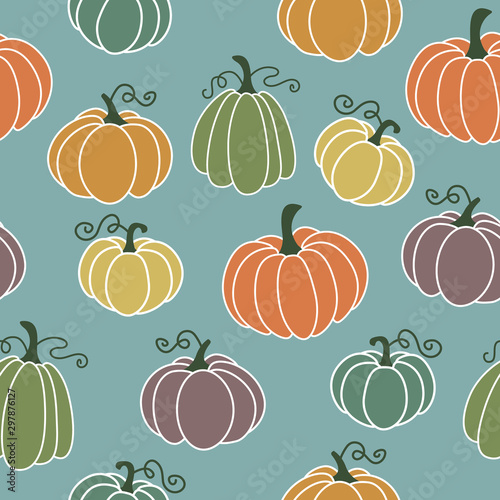 Fototapeta Naklejka Na Ścianę i Meble -  Pumpkin seamless pattern with hand drawn various fairytale pumpkins in pastel colors. Vector illustration in flat design. Halloween background for autumnal seasonal design, print or wrapping paper