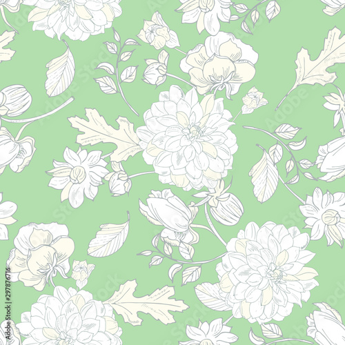 elegant floral seamless pattern. Vintage monochrome peonies  chrysanthemums on a light background. Spring  summer holidays presents and gifts wrapping paper  For textiles  packaging  fabric  wallpaper