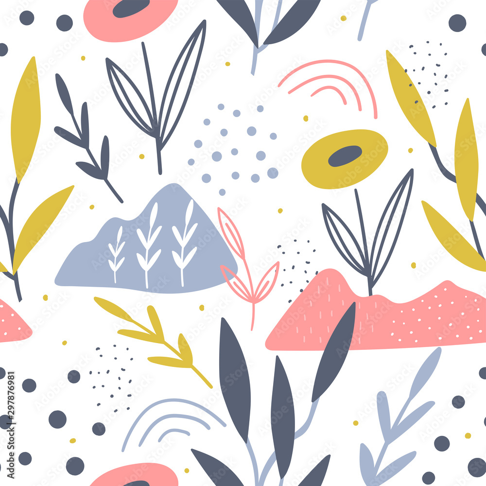 Hand drawn floral and leaves seamless pattern for print, fabric, textile. Kids decoration background.