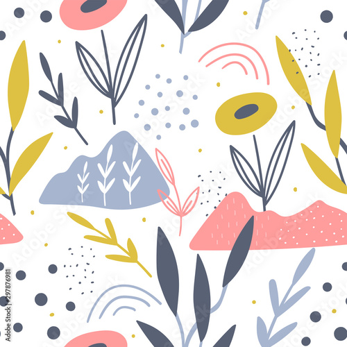 Hand drawn floral and leaves seamless pattern for print  fabric  textile. Kids decoration background.