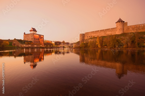 October twilight on the border Narva river. The border of Estonia and Russia