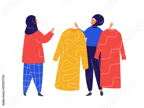 Muslim Woman in hijab shopping in clothes store. Flat design vector.