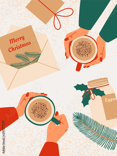 Top view of Human hands hold mug with eggnog surrounded by gifts, greeting cards with wishes Merry Christmas, bottle with eggnog. Colorful cartoon holiday illustration.