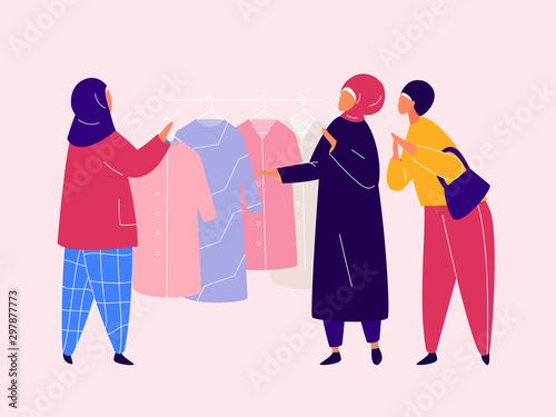 Muslim Woman in hijab shopping in clothes store. Flat design vector.