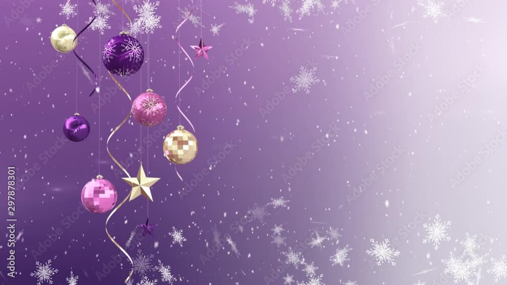 Snow falling and Christmas decorations