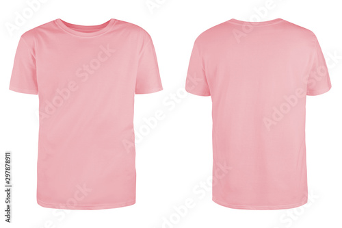 Men's pink blank T-shirt template,from two sides, natural shape on invisible mannequin, for your design mockup for print, isolated on white background...