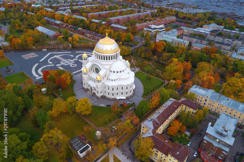 View of the old St. Nicholas Naval Cathedral in golden autumn (aerial photography). Kronstadt, Russia photo