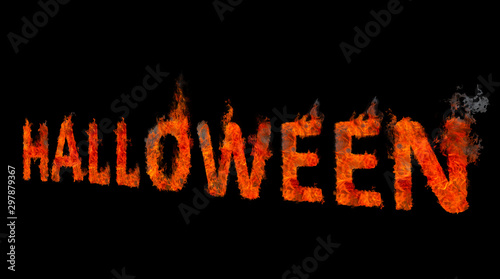 fiery inscription halloween on a black background in perspective to the right