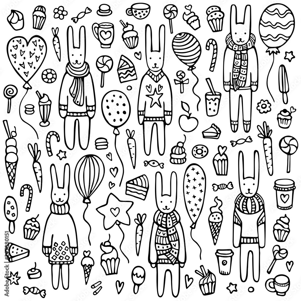 A set of doodle rabbits with knitted scarves and warm winter sweaters A set of doodle rabbits with knitted scarves and warm winter sweaters