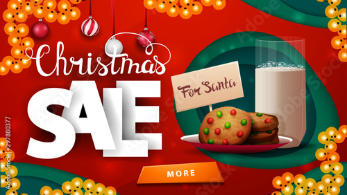 Christmas sale, red discount banner in paper cut style with garlands, Christmas balls, large volumetric letters and cookies for Santa Claus with glass of milk