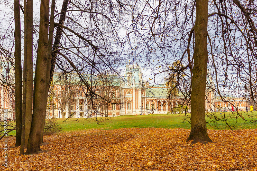 Grand Palace in Tsaritsyno Park against autumn trees and fallen golden leaves on the green lawn in sunny day. Moscow popular public park in autumn