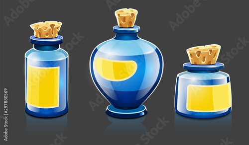 Cartoon bottles with natural organic cosmetic aroma liquids, perfume and beauty balsam with labels closed with corks. Isolated on gray background. Eps10 vector illustration.
