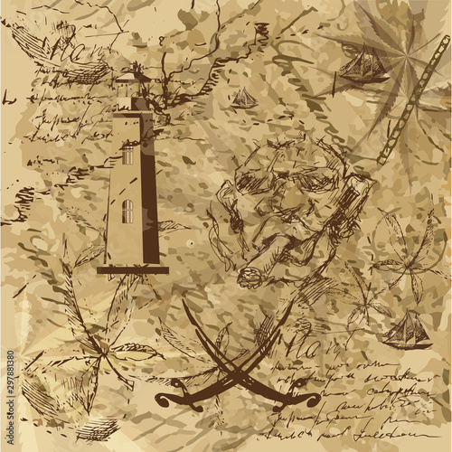 Lighthouse on the background of an old-time sea map with ships. Grunge texture. Hand drawing.