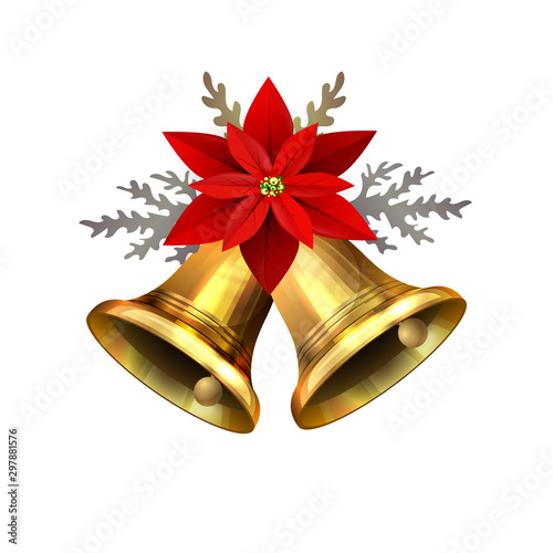 Vector illustration of shiny golden Christmas bells decorated with red bow poinsettia