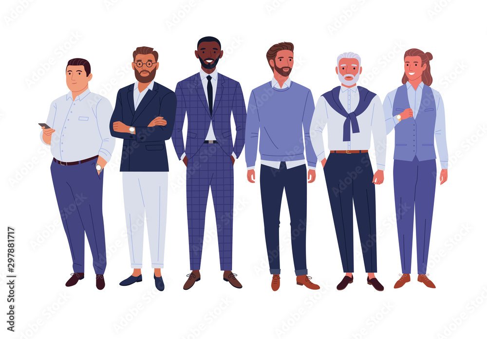 Businessmen team. Vector illustration of diverse standing cartoon men in office outfits. Isolated on white.