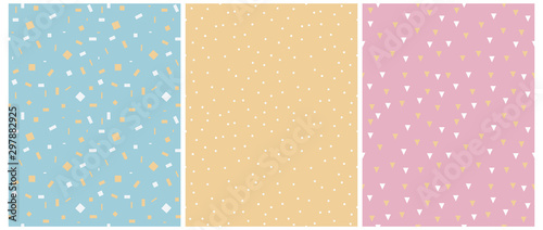 Abstract Seamless Vector Patterns. Yellow and White Geometric Elements Isolated on a Blue Background. Yellow and White Triangles on a Pink Layout. Simple Dotted Print with White Dots on a Yellow.